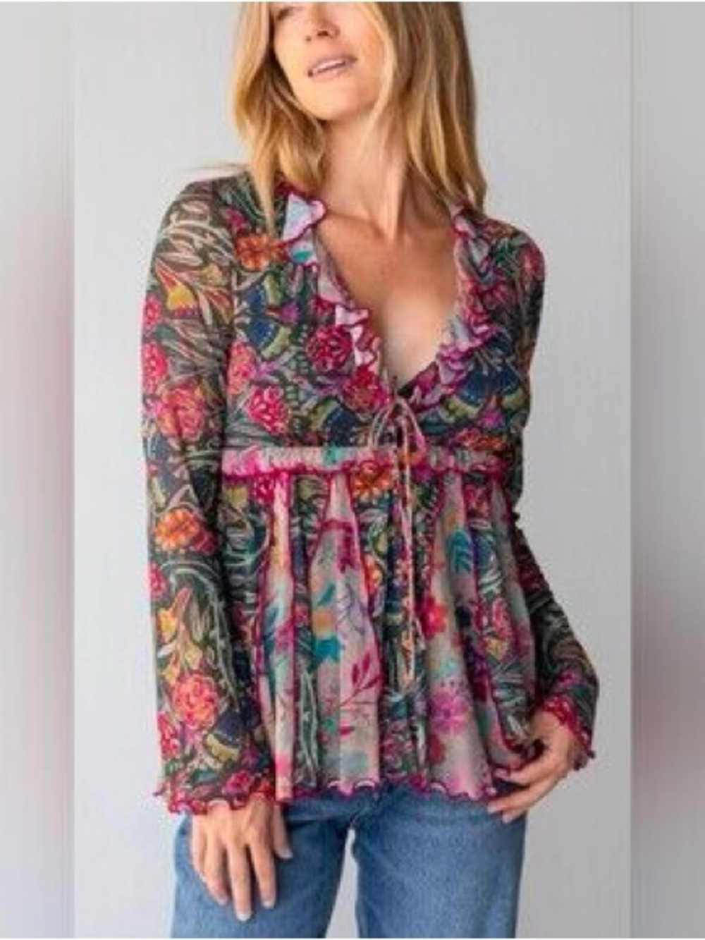 Natural Life Sierra Ruffle Mesh Top Long Sleeve Blouse Painterly Vines Medium
